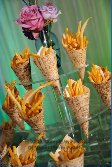 French fries in a cone! Easy and delicious! #sweet16birthday #catering #charlotte #food Sweet 16 Party Food Ideas Meals, French Snacks For Kids, Paris Theme Party Foods, French Party Ideas, Party French Fries, Homecoming Food Ideas, Sweet Sixteen Food Ideas, French Fries Decoration Ideas, Wedding French Fries