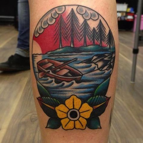 Nc Tattoo, River Tattoo, Lake Tattoo, Boat Tattoo, See Tattoo, Pin Up Tattoos, Inked Magazine, American Traditional Tattoo, Row Boat