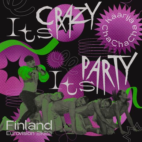 Finlands Representative for Eurovision 2023, Käärijä during the performance of his song Cha Cha Cha in a poster design with bright colors and font design with the signature words of the artist himself "Its Crazy, Its Party!" Eurovision 2023, The Winner, Funny Stuff, Finland, Fails, This Year, Fan, Collage, Funny