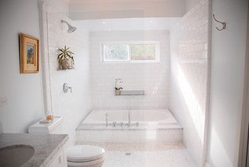 And yet another unique on the proverbial tub/shower combo. Would like to maybe do this in my hall bath...which is over my garage. This may be doable using an acrylic tub. Sunken Bathtub, Sunken Tub, Bathtub Shower Combo, Bathtub Surround, Standing Tub, Shower Combo, Shower Tub Combination, Traditional Bathroom Designs, Bathroom Addition