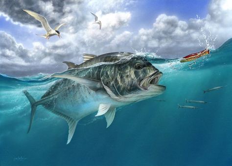 Giant Trevally, Wildlife Paintings, Fish Swimming, Sea Art, Fish Painting, Red Fish, Saltwater Fishing, Salt And Water, Fish Art