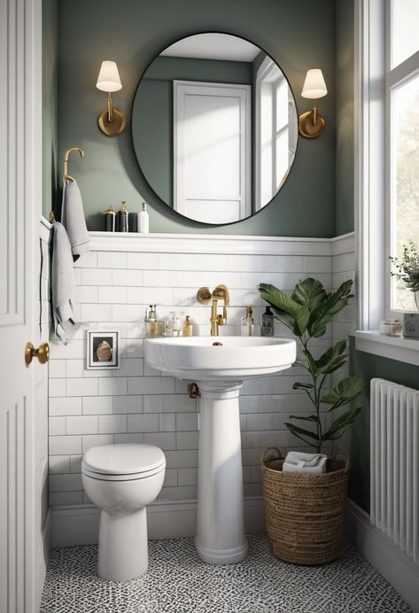 Discover how a chic pedestal sink and stylish mirror can elevate your small bathroom while maximizing functionality. #SmallBathroom #PedestalSink #BathroomDecor Bathroom Pedestal Sink Backsplash Ideas, Cute Small Half Bathroom Ideas, Mini Half Bath, Round Mirror Over Pedestal Sink, Small Bathroom Remodel Pedestal Sink, Pedestal Sink With Backsplash, Vintage Pedestal Sink Bathroom, Bathroom Counter Over Toilet, Pedestal Bathroom Ideas