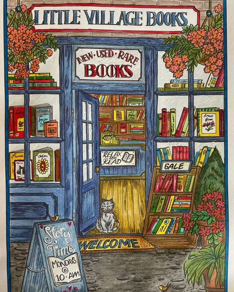 #villagecharmcoloringbook på Instagram | Hashtaggar Creative Haven Village Charm, Old Bookshop, Teresa Goodridge, Creative Haven Coloring Books, Colored Pencil Techniques, Color Book, Coloring Book Art, April 20, Colored Pencil