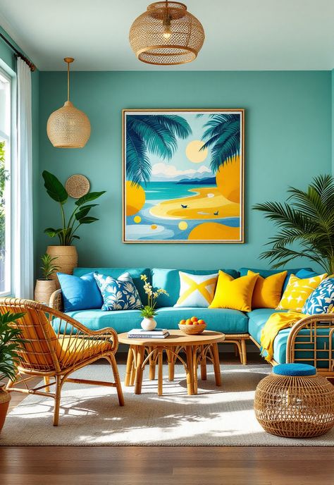 Blue and Yellow Boho Decor Modern Tropical Interior Design, Modern Tropical Interior, Interior Design Yellow, Boho Decor Ideas, Tropical Interior Design, Furniture Light, Tropical Interior, Topaz Yellow, Dollhouse Ideas