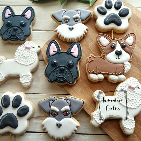 Dog Cookies Royal Icing, Dog Cookies Decorated Royal Icing, Dog Royal Icing Cookies, Dog Sugar Cookies Decorated, Dog Decorated Cookies, Dog Sugar Cookies, Decorated Dog Cookies For Dogs, Dog Cookies Decorated, Paw Print Cookies Royal Icing