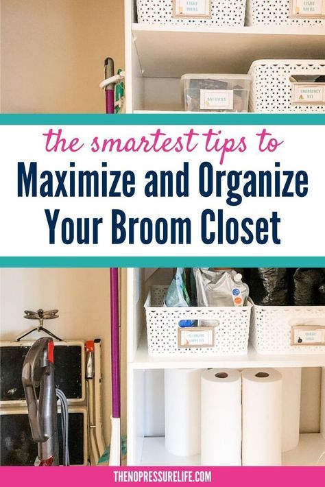 Broom storage challenges are SOLVED at our house! After I put smart broom closet organization ideas into place, our cleaning supplies are easy to find. All it took were a few small DIY projects. Check this out if you're wondering how to organize your cleaning closet so brooms, mops and everything else will be tidy. #homeorganization #broomstorage #broomcloset #cleaningcloset Broom Closet Organization, Broom Closet Organizer, Small Diy Projects, Broom Storage, Utility Closet, Closet Organization Ideas, Broom Closet, Linen Closet Organization, Organizing Hacks