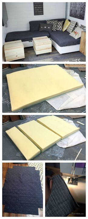 make cushions from foam mattresses and coverlets Diy Sectional Sofa, Diy Sectional, Recycle Furniture, Tiny House Storage, Woodworking Shows, Carpentry Projects, Pallet Sofa, Cushions To Make, Diy Sofa