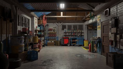 Cluttered Garage, Garage Aesthetic, Garage Drawing, Bengkel Motor, Zombies Apocalypse, Car Blueprint, Underground Garage, Post Apo, Workshop Garage