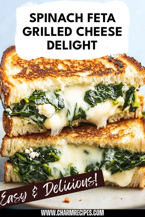 Indulge in this delicious Spinach and Feta Grilled Cheese sandwich that's perfect for a quick lunch or snack! With crispy toasted bread, melted feta cheese, and sautéed spinach, every bite packs a flavorful punch. This recipe brings together the savory goodness of fresh spinach and tangy feta, making it an ideal choice for anyone craving a cheesy delight. Perfect for veggie lovers, this delicious twist on the classic grilled cheese is sure to please taste buds. Try it out for ultimate comfort food bliss! Melted Feta Cheese, Pan Fried Feta Cheese, Feta Cheese Bread, Recipes With Feta, Feta Grilled Cheese, Feta Toast, Savory Snack Recipes, Healthy Savory Snacks, Feta Recipe