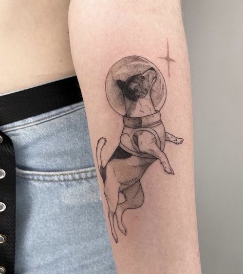 Laika Dog, Adventure Time Tattoo, Tattoo Filler, Funky Tattoos, Space Dog, Space Tattoo, Funny Tattoos, Up Tattoos, Dog Tattoo