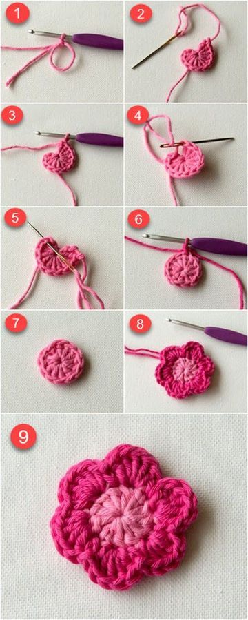 flores al crochet paso a paso en nueve fotos Crochet Flowers Step By Step, Flowers Step By Step, Finger Crochet, Wire Jewelry Patterns, Crochet Motif Patterns, Form Crochet, Wire Crochet, Tutorial Crochet, Crochet Stitches Tutorial