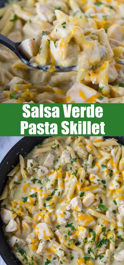 Salsa Verde Chicken Skillet - an easy one pan pasta skillet with salsa verde, chicken, and lots of melty gooey cheese! Salsa Verde Chicken Pasta, Recipes Using Salsa Verde, Recipe Using Salsa, Salsa Verde Chicken Crockpot, Chicken Enchilada Pasta, Chicken Verde, Pan Pasta, Pasta Skillet, Crockpot Pasta