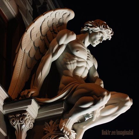 Roman Statues Aesthetic, Male Angel Art, Angle Statue Aesthetic, Angel Statues Sculpture Aesthetic, Cupid Statue Aesthetic, Roman Statues Aesthetic Dark, Apollo Statue, Hot Lucifer Sculpture, Devil Aesthetic