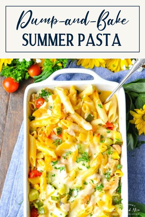 I think that I managed to pack all of the season's best veggies and herbs into one cheesy casserole! This dump-and-bake summer pasta is loaded with zucchini, corn, tomatoes, fresh basil, and tender chicken. You don't even have to boil the pasta for this fresh, healthy, and easy dinner! Just stir the ingredients together in one dish and pop it in the oven! Turkey Casseroles, Best Veggies, Summer Pasta Recipes, Zucchini Corn, The Seasoned Mom, Squash Pasta, Cheesy Casserole, Meatless Main Dishes, Vegetable Casserole