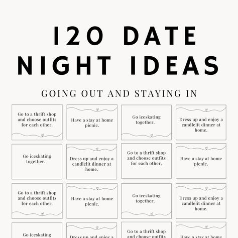 120 date idea cards including romantic, entertaining and fun date night ideas and activities.  The Purchase Includes: - 120 Date Night Cards (featuring 8 per page)      - 60 Going Out Ideas      - 60 Staying In Ideas - Bonus 8 blank cards for you to write customised date night ideas for you and your partner!  The cards come in a PDF format. Thank you for supporting mylovecordelia and buying a product from us! It is so very much appreciated.  Important Information This product is an Instant Downl Jar Printable, Couple Cards, Things To Do With Your Boyfriend, Night Jar, Creative Date Night Ideas, Date Night Jar, Romantic Questions, Date Activities, Romantic Date Night Ideas