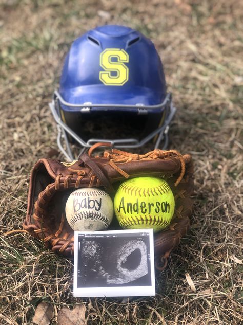 Baseball/Softball family pregnancy announcement ⚾️🥎 Baseball Vs Softball Gender Reveal, Baseball And Softball Gender Reveal, Softball Baby Announcement, Softball Baseball Gender Reveal, Softball Gender Reveal Ideas, Baseball Gender Reveal Ideas, Softball Gender Reveal, Sports Pregnancy Announcement, Baseball Baby Announcement