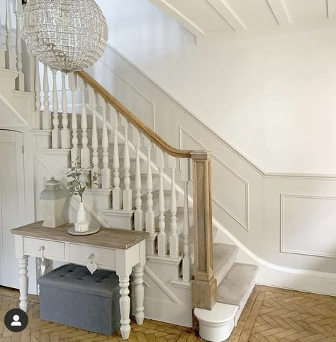 Panelling Stairs, Hallway Decorating Colours, Beige Living Room Walls, Hallway Panelling, Stairs And Hallway Ideas, Panelling Ideas, Stair Paneling, Hall Stairs And Landing, Living Room Panelling