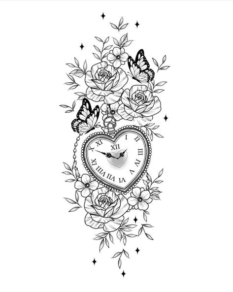 Clock With Flowers Tattoo, Clock Rose Tattoo Design, Clock Tattoos For Women, Old Clock Tattoo, Rose And Clock Tattoo, Anthony Tattoo, Clock Tattoo Designs, Heart Key Tattoo, Clock And Rose Tattoo