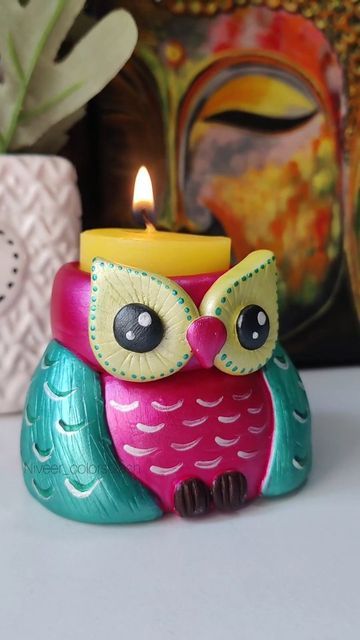 Clay Owl Diy, Owl Candle Holder, Goddess Laxmi, Owl Candle, Clay Owl, Diwali Diya, Diwali Diy, Diy Candle Holders, Tealight Candle Holders