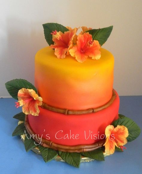 Luau I used my airbrush to get the sunset effect. Gumpaste Hibiscus. Inspiration found on Cake Central. Luau Bridal Shower, Hawaiian Cake, Luau Birthday Party, Hawaiian Birthday Party, Hawaiian Birthday, Luau Wedding, Fiesta Tropical, Cupcakes Decorados, Luau Theme