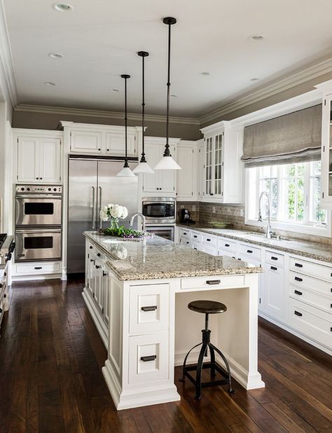 Traditional Style Kitchen Design, Narrow Island, Homework Area, Traditional Style Kitchen, Cabinet Height, Double Ovens, Traditional Kitchen Design, Herringbone Backsplash, Dark Floors