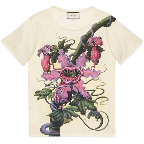 Gucci Carnivorous Plant Print Cotton T-Shirt ($580) ❤ liked on Polyvore featuring men's fashion, men's clothing, men's shirts, men's t-shirts, cotton, men, ready-to-wear, t-shirts & polos, mens white polo shirt and gucci mens shirts Gucci Tshirt, Plant Graphic, Piranha Plant, Gucci Sweater, Gucci Shirts, Gucci T Shirt, White Polo Shirt, Cloth Flowers, Plant Print