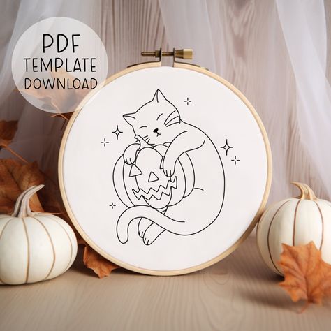 Cat Embroidery Template, Cat Embroidery Pattern Free, Hand Embroidery Patterns Free Templates, Halloween Embroidery Patterns, Cat Embroidery Pattern, Template Embroidery, Embroidery Pumpkin, Lover Embroidery, Etsy Patterns