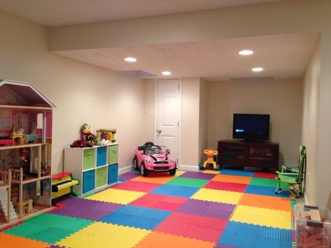 Playroom with foam tiles Finished Basement Playroom, Kids Playroom Flooring, Unfinished Basement Playroom, Basement Kids, Daycare Setup, Garage Playroom, Best Flooring For Basement, Playroom Inspiration, Foam Floor Tiles