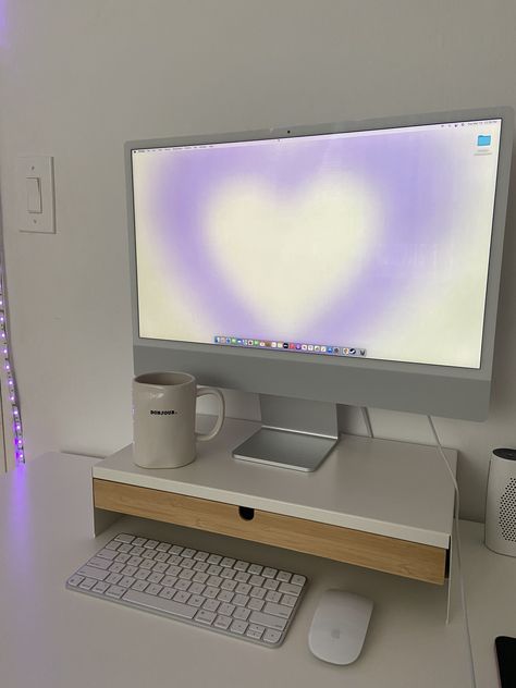 Bedroom Setup Ideas, Imac Setup, Imac Desk, Imac Desk Setup, Purple Desk, Dream Desk, Study Desk Decor, Desktop Setup, Desk Inspiration