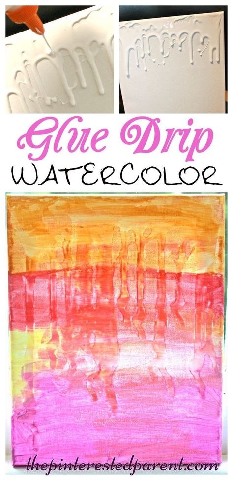 Glue Drip Watercolor canvas art - painting projects for kids -messy arts and crafts Painting Projects For Kids, Homeschool Subjects, Sleepover Crafts, Stick Projects, Connect Group, Arts And Crafts Interiors, Monday Funday, Children Crafts, Arts And Crafts For Adults