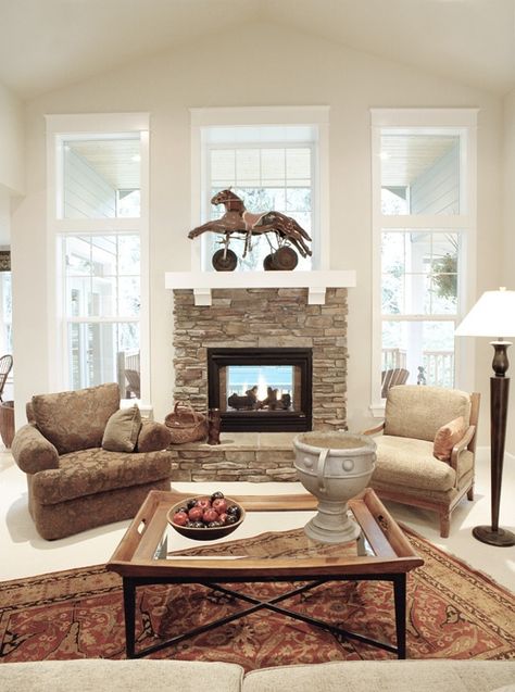 Fireplace Between Two Patio Doors, Windows Over Fireplace, Double Sided Fireplace Living Room Porch, Fireplace With French Doors On Each Side, Double Sided Fireplace Inside And Outside, Double French Doors Fireplace, Fireplace With Doors On Each Side, Dual Sided Fireplace Indoor Outdoor, Indoor Outdoor Fireplaces