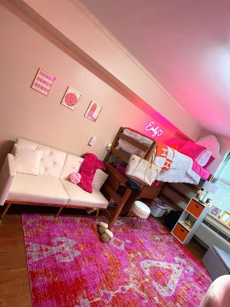 #pinksndorangedorm Pink Dorm Rooms Ideas, Hot Pink And Orange Room Decor, Orange Pink Dorm Room, Bright Color Dorm Room, Pink And Orange Dorm Decor, Pink And Orange Dorm Room Ideas, Hot Pink And Orange Dorm Room, Pink And Orange Dorm Room Aesthetic, Old Money Dorm Room