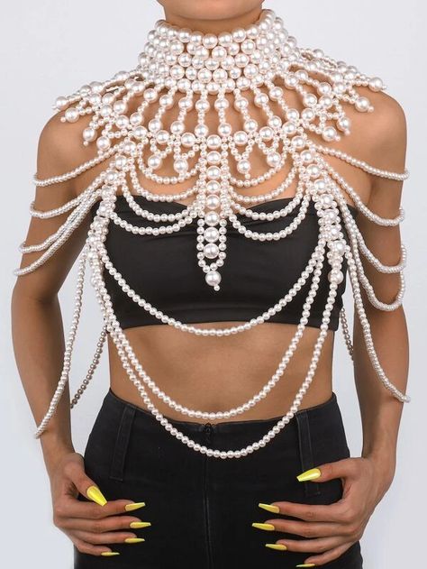 Faux Pearl Decor Body Chain | SHEIN USA Jóias Body Chains, Shoulder Necklace, Chain Bra, Pearl Accessories, Body Chains, Chain Top, Chain Fashion, Drag Queens, Shoulder Chain