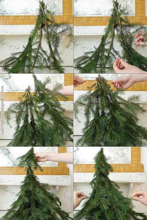 Christmas Tree From Branches, Diy Pine Tree, How To Make Mini Christmas Trees, How To Make Tiny Christmas Trees, Mini Tree Diy, Diy Mini Christmas Tree, Crafting A Mini Christmas Tree, Diy Miniature Tree, Real Mini Christmas Tree