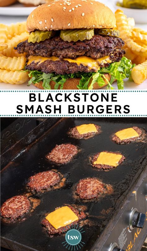 Hamburger On The Blackstone, Blackstone Smash Burger Recipe Tortilla, Griddle Burgers Recipe, Griddle Hamburger Recipes, Blackstone Smashed Burgers, Smashed Burgers On Blackstone, Traeger Griddle Recipes, Oven Smash Burgers, Blackstone Grill Smash Burgers