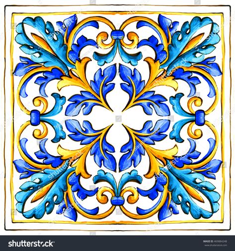 Traditional Tile Design, Majolica Tiles, Italian Pattern, Ceramic Tile Art, Italian Majolica, Indian Pottery, Majolica Pottery, Traditional Tile, Floral Ornament