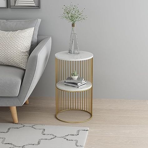 Tier marble coffee table with metal frame. This stunning side table is 21.7 inches tall and will elevate any room in the house!😍 Corner Bedroom, Sofa Table Decor, Shelf Modern, Marble End Tables, Tier Shelf, Table Marble, Iron Coffee Table, Modern Minimalist Living Room, Marble Finish