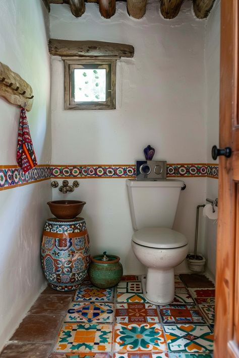 15 Tips to Achieve the Perfect Mexican Farmhouse Decor – Everyday Inspo Bathroom Mexican Tiles, New Mexican Interior Design, Hacienda Style Room, Mexican Inspired Bathroom, Adobe House Decor, Mexican Bathroom Decor, Spanish Interior Design Bedroom, Bathroom With Wooden Floor, Mexican Apartment