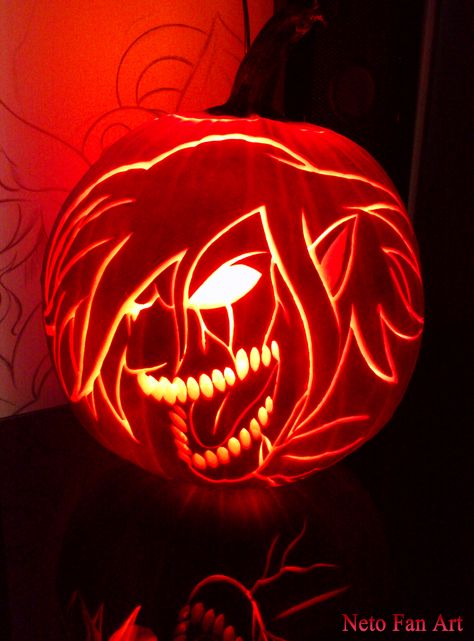 Shingeki no Kyojin - Eren Titan (Pumpkin Carving Art)   #netofanart #shingekinokyojin #attackontitan #eren #erenjaeger #erentitan #anime #fanart #animefan #pumpkinpatch #pumpkinpatch #halloween #halloween2015 #artcraft #carving #carvingart #art #artist #amazingartist #awesome #amazingart #amazing #amusing #titan #animeart #animelover #halloweencanada #levi Attack On Titan Pumpkin Carving, Anime Pumpkin Painting Ideas, Anime Pumpkins, Anime Pumpkin Carving, Anime Pumpkin, Eren Titan, Pumpkin Templates, Cat Pumpkin Carving, Halloween Pumpkin Carving Stencils