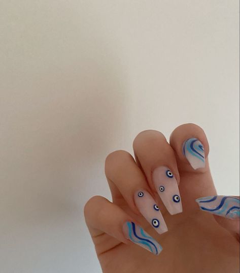 evil eye summer nails🧿 Evil Eye Acrylic Nails Coffin, Short Acrylic Nails Coffin Evil Eye, Nail Inspo Coffin Evil Eye, Acrylic Evil Eye Nails, Blue Nails Ideas Evil Eye, Blue Eye Nails Acrylic, Nail Ideas Acrylic Evil Eye, Evil Eye Coffin Acrylics, Coffin Evil Eye Nails