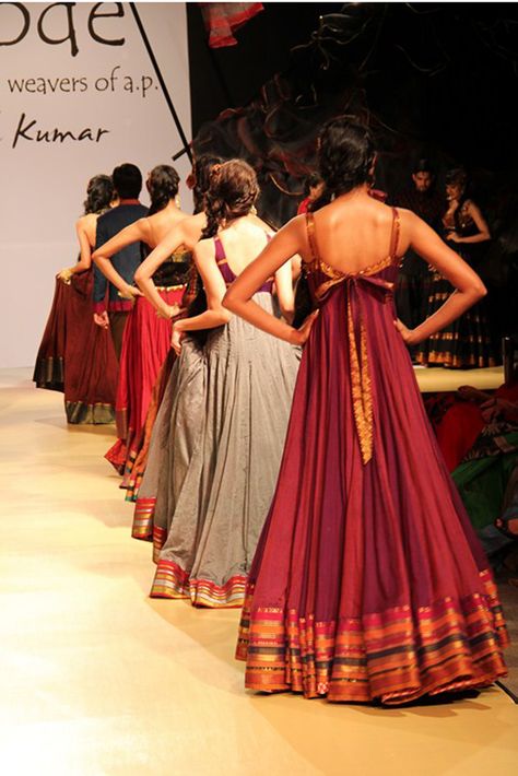 an ode to weaves and weavers by shravan kumar Saree Transformation To Dress, Saree Transformation, Saree Reuse, Frocks And Gowns, Long Gown Design, Sari Dress, Saree Gown, Indian Gowns Dresses, Long Frocks