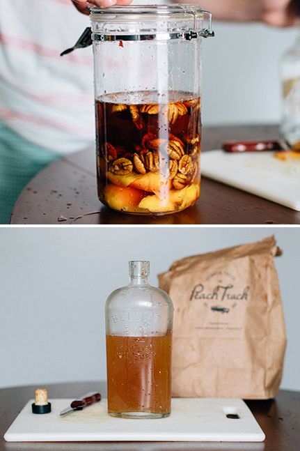 Make peach pecan infused bourbon this fall! Put peach slices and pecans into a jar full of bourbon. The drink will be infused with their sweet and nutty flavors, creating the perfect base for any fall cocktails. Italian Drinks, Cocktail Shots, Fall Cocktails Recipes, Rum Cocktails, Peach Slices, Bourbon Cocktails, Fall Cocktails, Fall Drinks, Cocktail Drinks Recipes