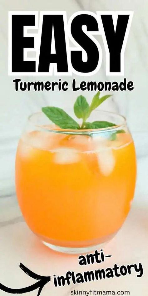 Anti-Inflammatory Turmeric Lemonade - Skinny Fit Mama Cold Tumeric Drinks, Turmeric Magnesium Lemonade, Tumeric Lemonade Drinks, Tumeric Water Recipes, Magnesium Vitamin D Turmeric Ginger And Ashwagandha Lemonade, Cortisol Cocktail Tumeric, Tumeric Drinks Recipes, Tumeric Shots Diy, Turmeric Drinks For Inflammation