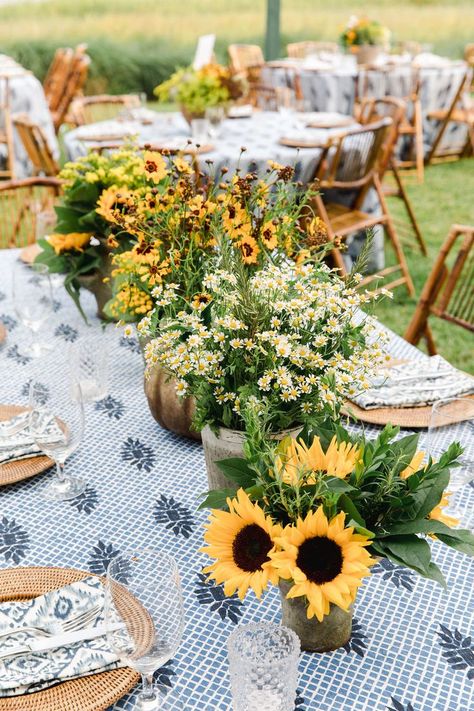 Wildflower Arrangements, Sea Island Wedding, Family Style Table, Low Centerpieces, Tent Reception, Rustic Wedding Centerpieces, Wildflower Wedding, Sunflower Wedding, Welcome To The Party