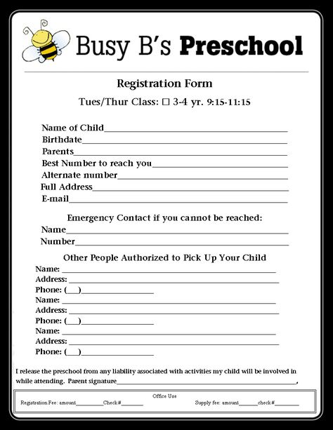 Busy B's Preschool: Registration Form Daycare Paperwork, Preschool Forms, Starting Daycare, Kindergarten Registration, Daycare Application Forms, Daycare Contract, Membership Form, School Admission Form, Daycare Business Plan