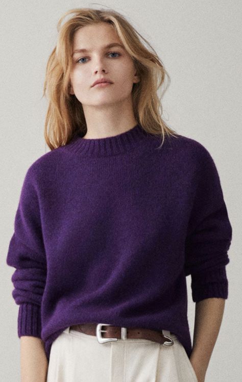 Violet Sweater Outfit, Purple Sweater Outfit, Crew Neck Sweater Outfit, Knitwear Inspiration, Formal Casual, Purple Sweater, Purple Top, Massimo Dutti, Winter Wear