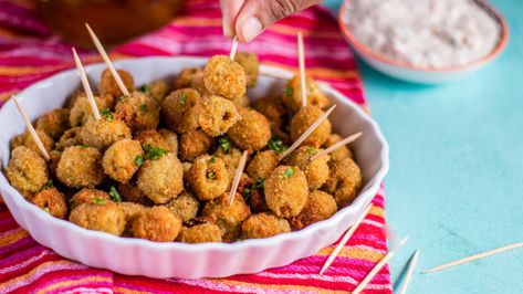 Fried Olives Recipe - Food.com New Years Eve Finger Foods, Fried Olives Recipe, New Years Eve Appetizers, Easy Finger Foods, Fried Olives, Finger Food Ideas, Smoked Oysters, New Year's Eve Appetizers, Chicken Cake