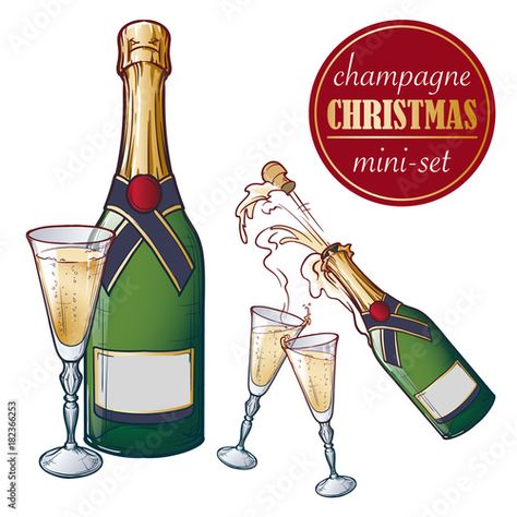 Stock Image: Champagne bottle and glasses. Closed and open champagne bottle and glasses, holiday toast, cork jumping out with explosion. Set of hand drawn EPS10 vector illustrations isolated on white background. Open Champagne Bottle, Christmas Minis, Vector Illustrations, Champagne Bottle, Beck, Rosé Wine Bottle, Cork, White Background, Wine Bottle