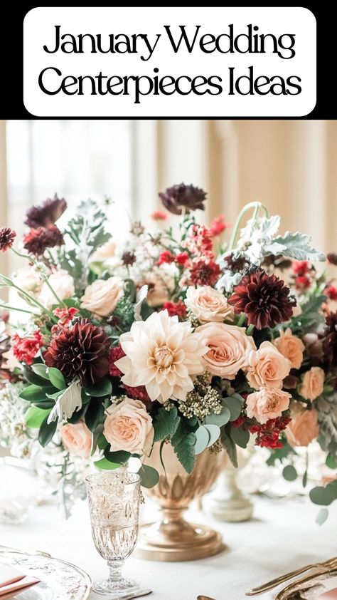 Elegant January wedding table centerpiece with winter flowers and greenery Winter Florals Wedding, Center Piece For Dining Table Weddings, January Floral Arrangements, January Flower Arrangements, Unique Wedding Table Centerpieces, Winter Centerpieces For Table, Anemone Centerpiece, January Wedding Flowers, Wedding Flowers Centerpieces