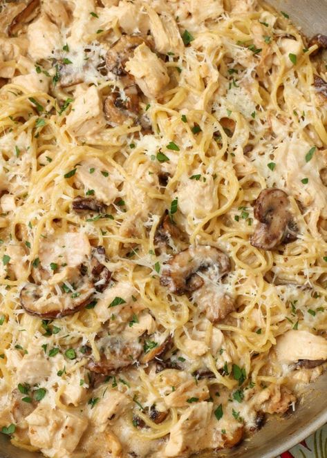 Mushroom Chicken Fettucini Alfredo, Shredded Chicken Mushroom Recipes, Chicken Spaghetti With Mushrooms, Chicken Pasta Cream Sauce, Rotisserie Chicken Mushroom Recipes, Chicken Alfredo With Mushrooms, Rotisserie Chicken And Mushroom Recipes, Chicken And Mushroom Pasta Recipes, Chicken Mushroom Pasta Recipes